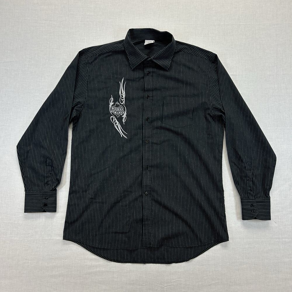 House of Blues Long Sleeve Button Up Shirt Mens XXL Black Stripe Embroidered Top